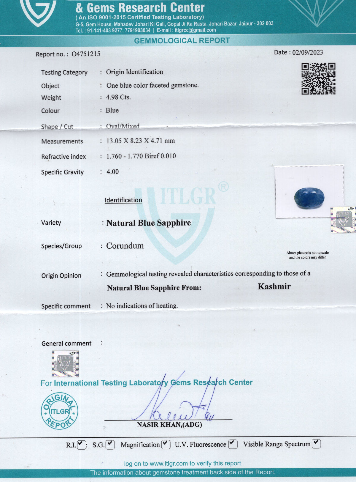 Kashmir Blue Sapphire (Neelam) 4.98 Carats / 5.47 Ratti