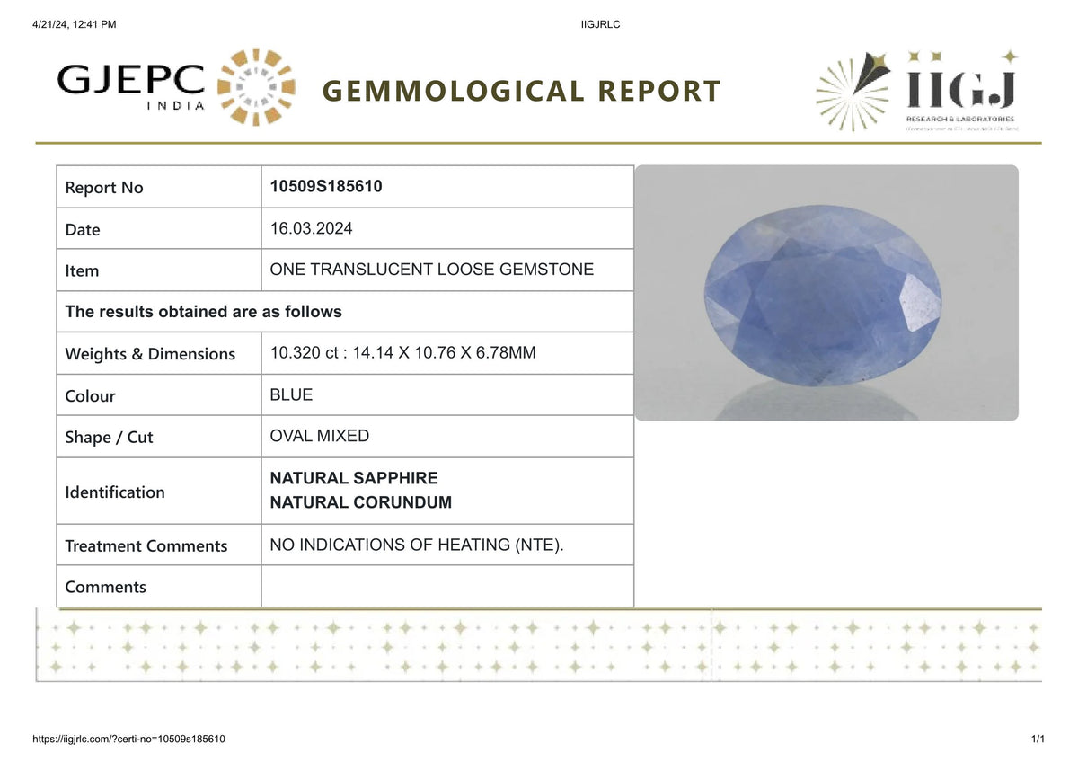 Natural Blue Sapphire 10.32 Carats / 11.34 Ratti