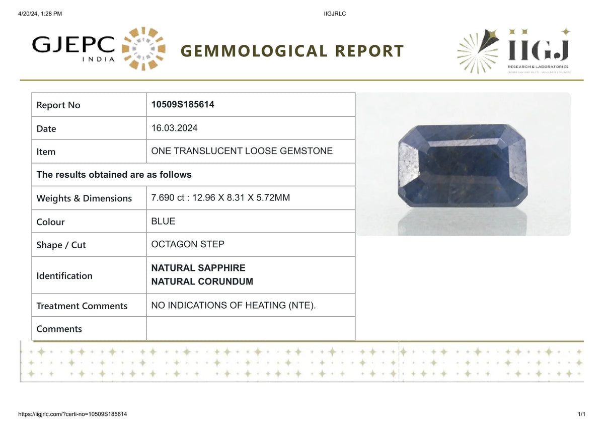 Natural Blue Sapphire 7.69 Carats / 8.45 Ratti