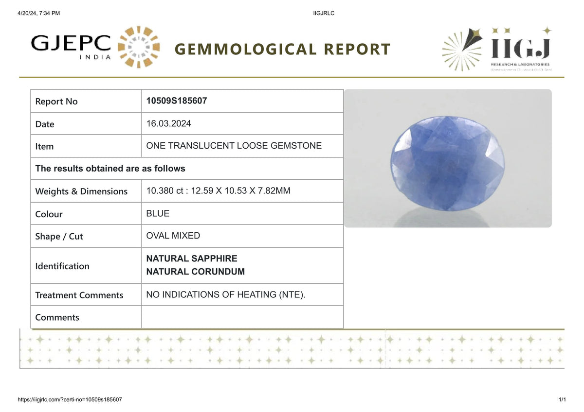 Natural Blue Sapphire 10.38 Carats / 11.41 Ratti