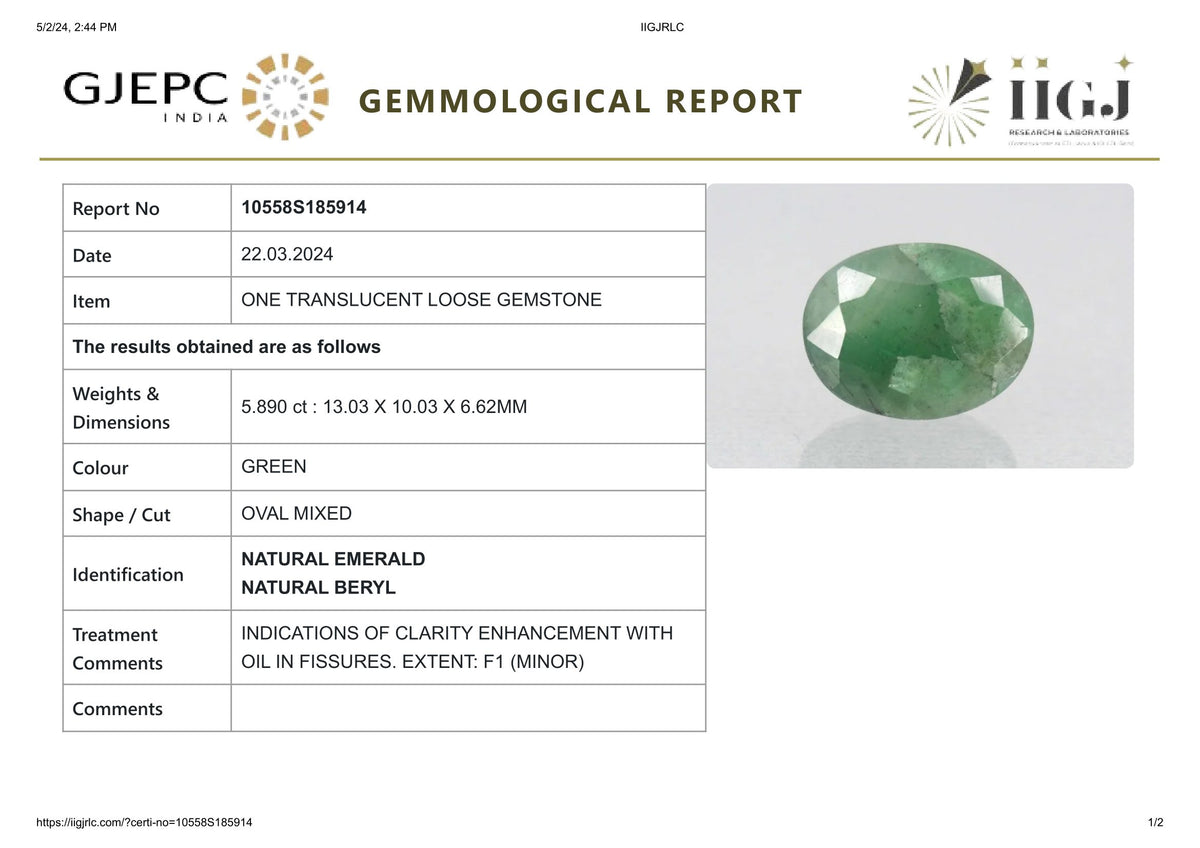 Minor Oil Zambian Emerald 5.89 Carats / 6.47 Ratti