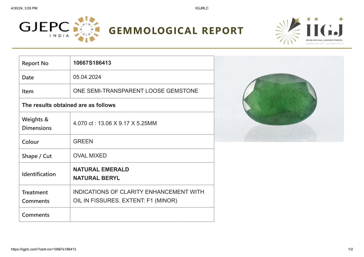 Minor Oil Zambian Emerald 4.07 Carats / 4.47 Ratti
