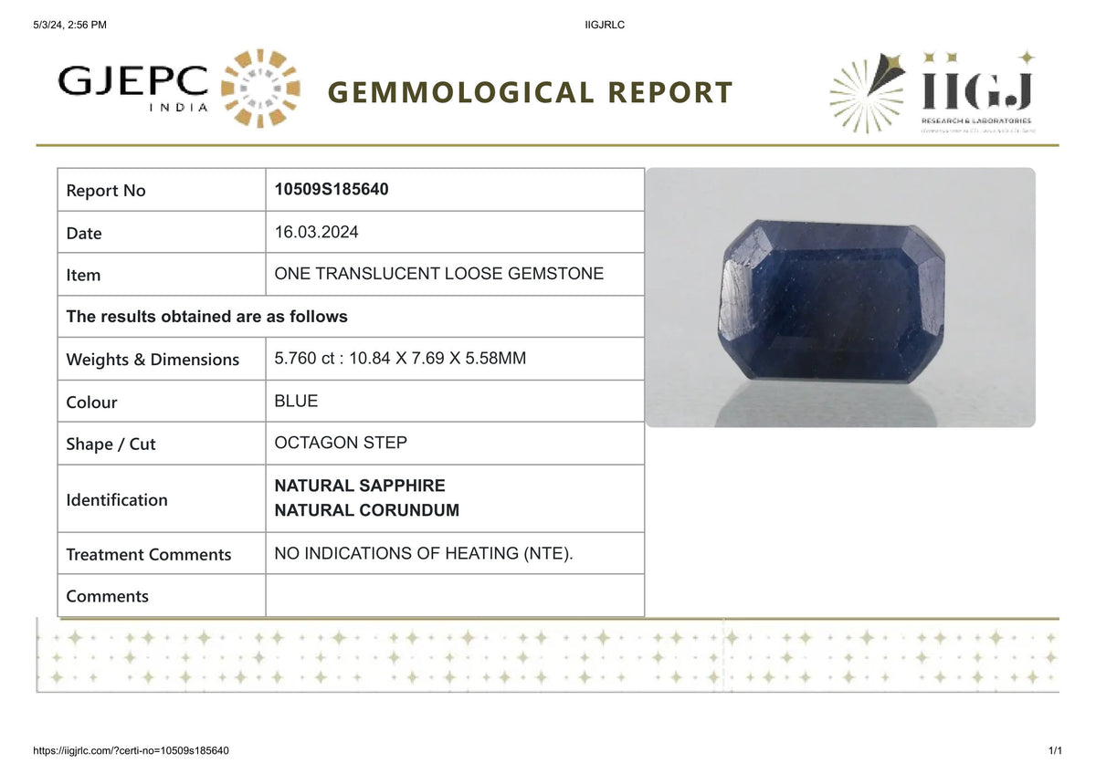 Natural Blue Sapphire 5.76 Carats / 6.33 Ratti