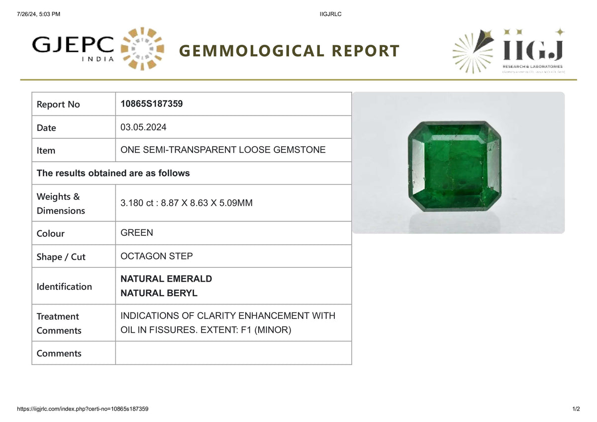 Minor Oil Zambian Emerald 3.18 Carats / 3.49 Ratti