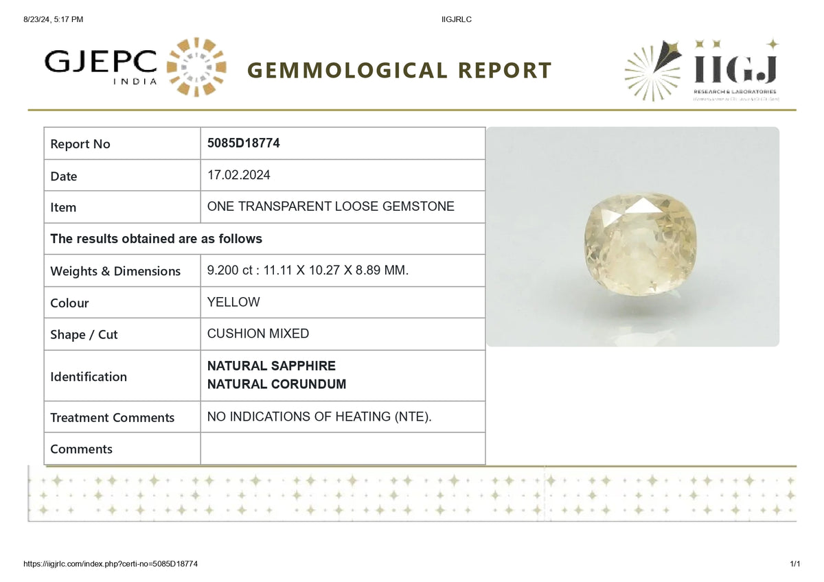 Natural Yellow Sapphire 9.20 Carats / 10.11 Ratti