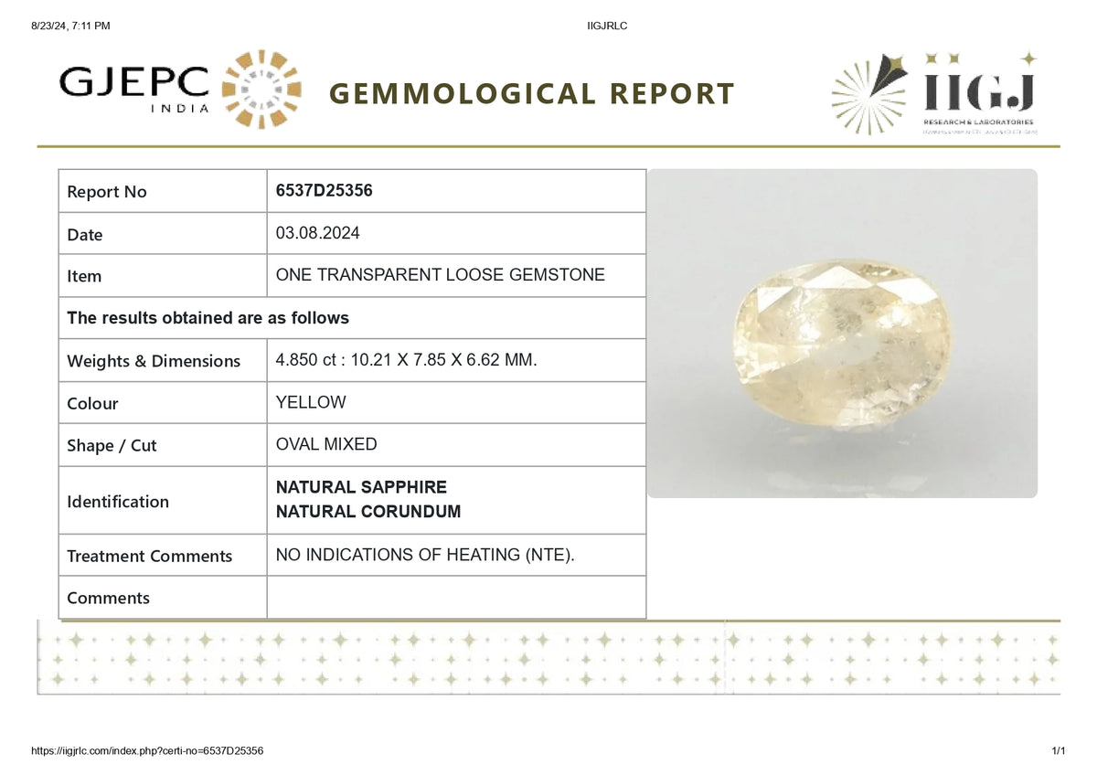 Natural Yellow Sapphire 4.85 Carats / 5.33 Ratti