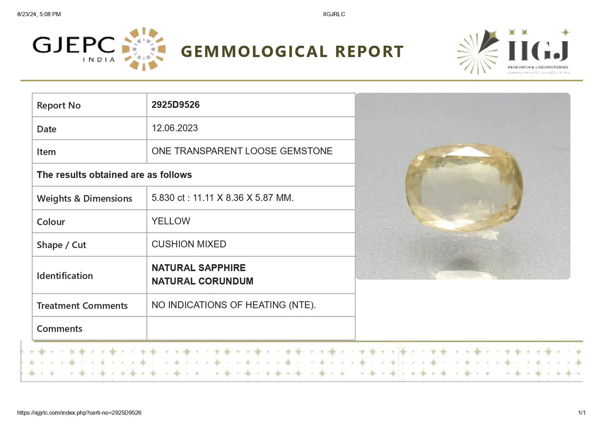 Natural Yellow Sapphire 5.83 Carats / 6.41 Ratti