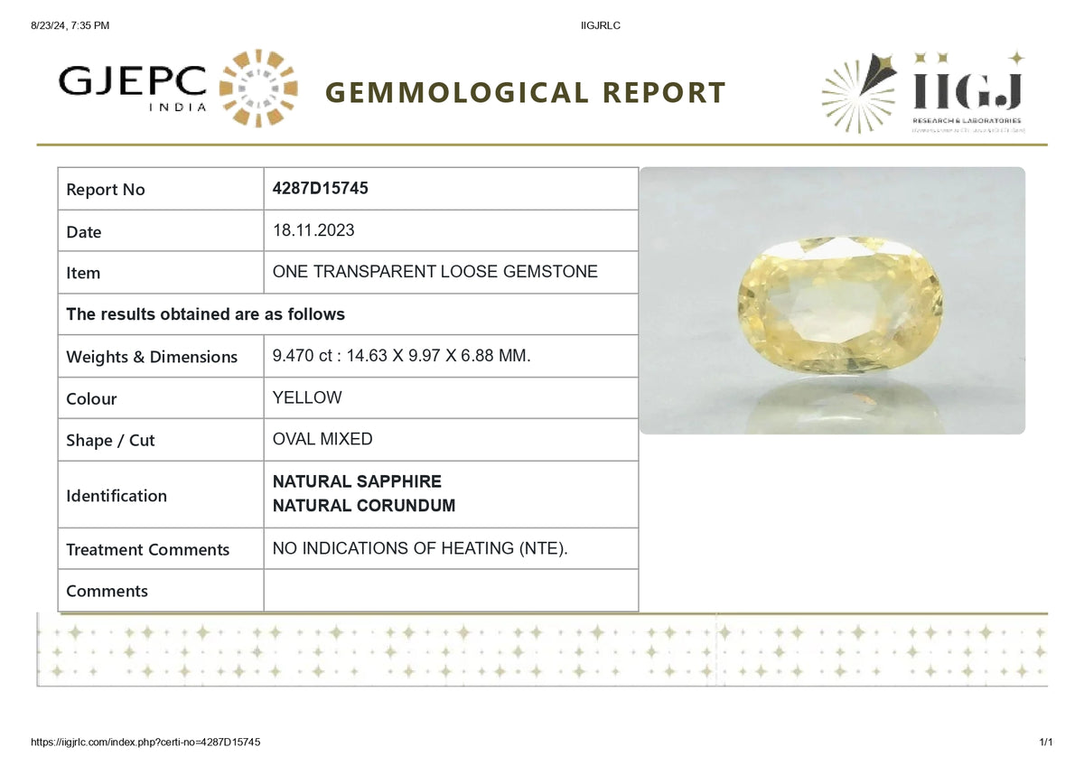 Natural Yellow Sapphire 9.47 Carats / 10.41 Ratti
