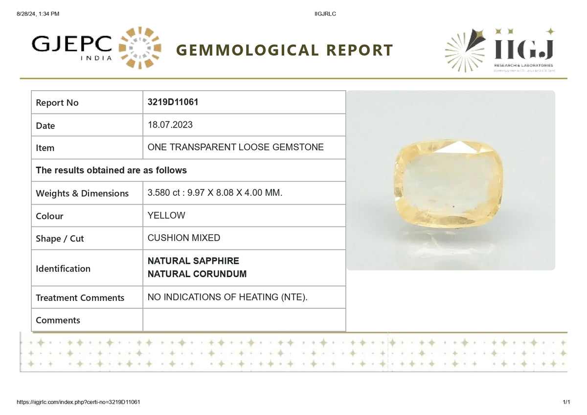 Natural Yellow Sapphire 3.58 Carats / 3.93 Ratti