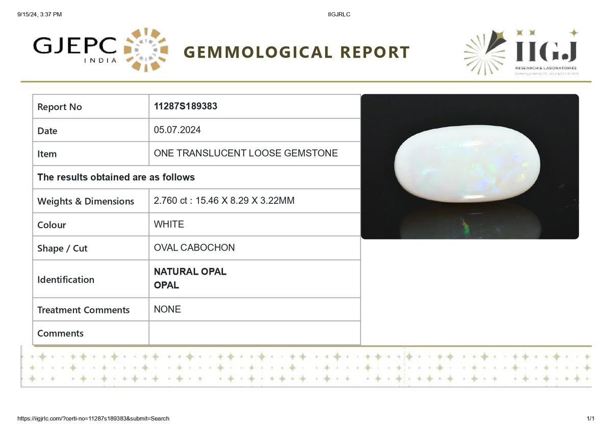 White Opal With Fire 2.76 Carats / 3.03 Ratti