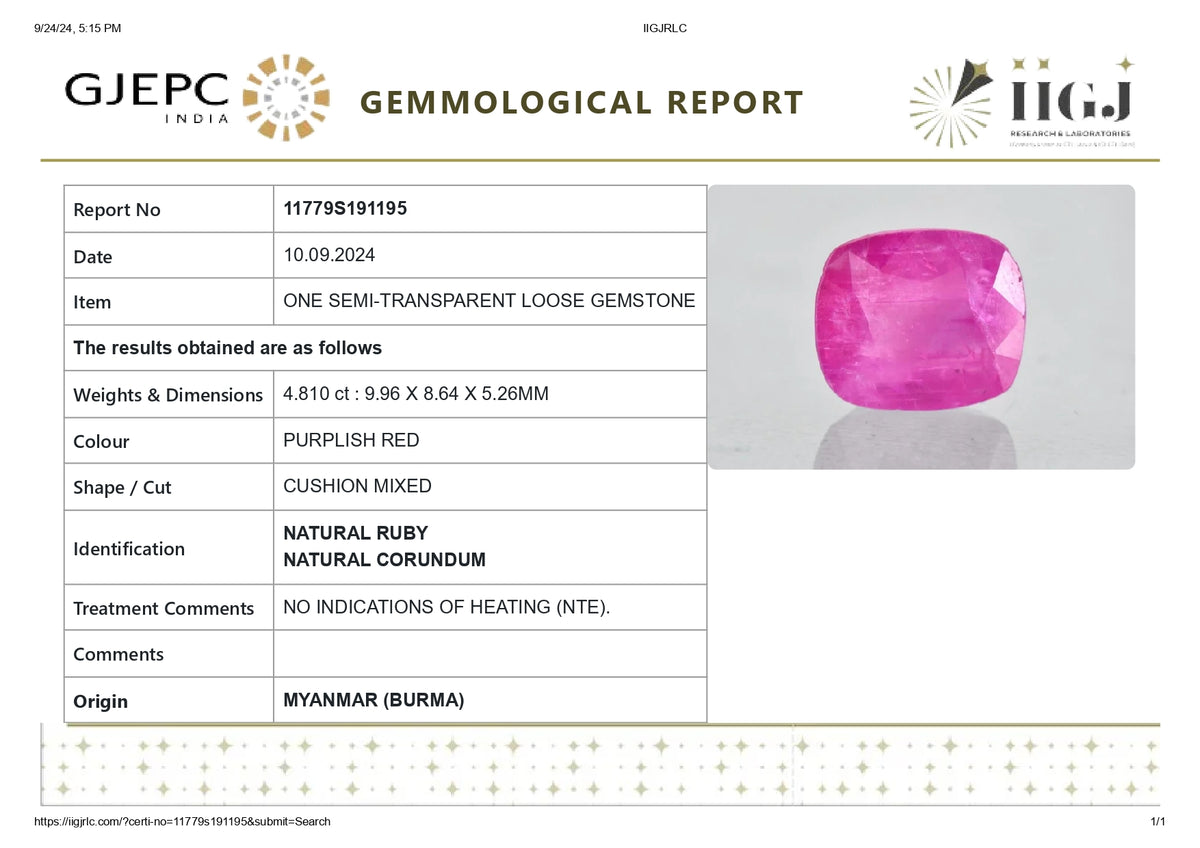 Burmese Ruby (Manik) 4.81 Carats / 5.29 Ratti
