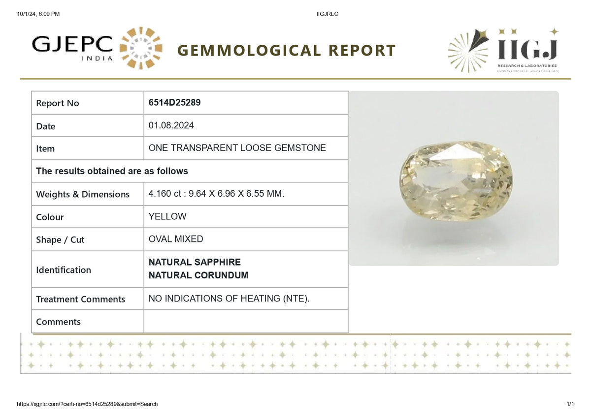 Natural Yellow Sapphire 4.16 Carats / 4.57 Ratti