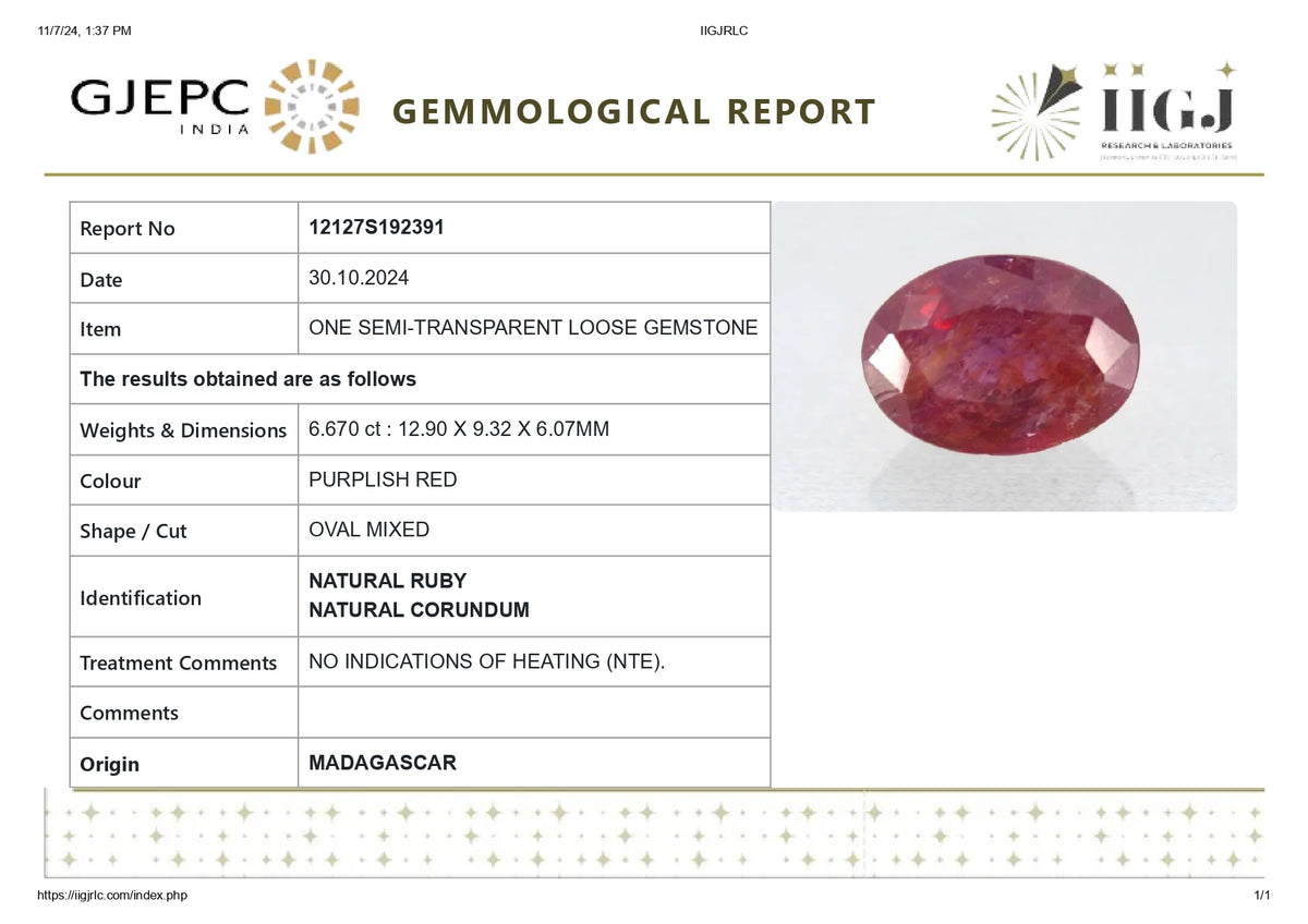 Madagascar Ruby (Manik) 6.67 Carats / 7.33 Ratti