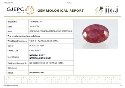 Madagascar Ruby (Manik) 6.67 Carats / 7.33 Ratti