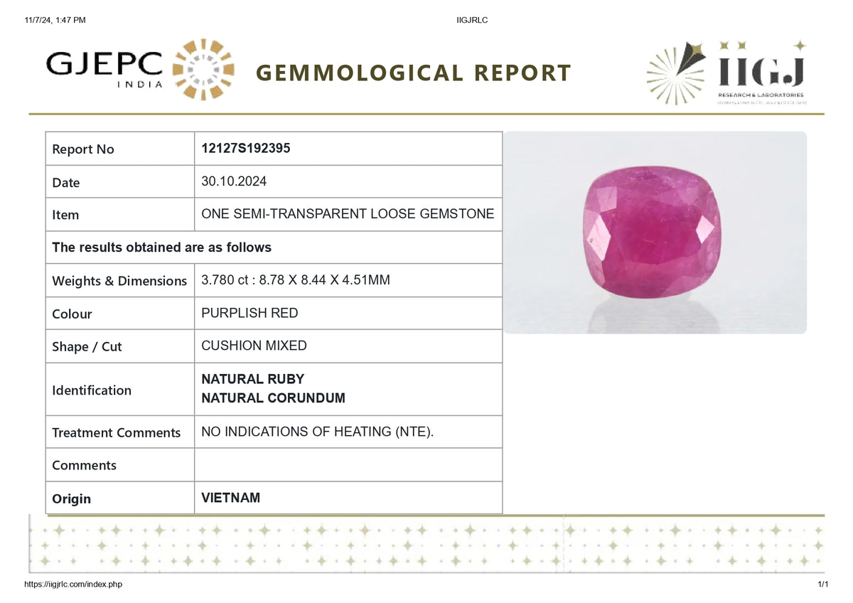 Natural Ruby (Manik) 3.78 Carats / 4.15 Ratti