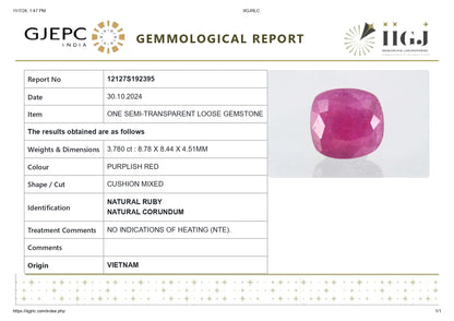 Natural Ruby (Manik) 3.78 Carats / 4.15 Ratti