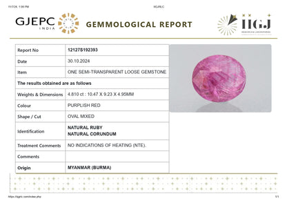 Burmese Ruby (Manik) 4.81 Carats / 5.29 Ratti