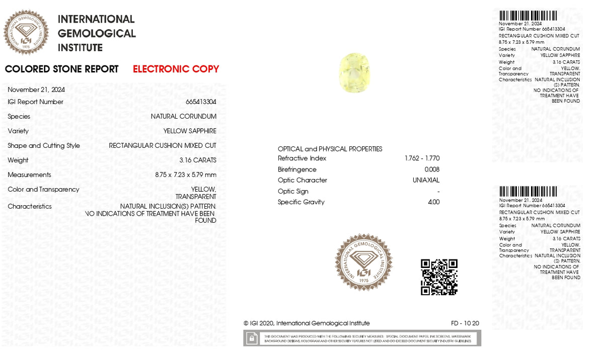 Natural Yellow Sapphire 3.16 Carats / 3.47 Ratti