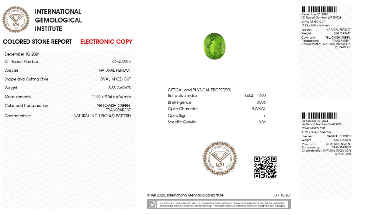 Natural Peridot 5.53 Carats / 6.08 Ratti