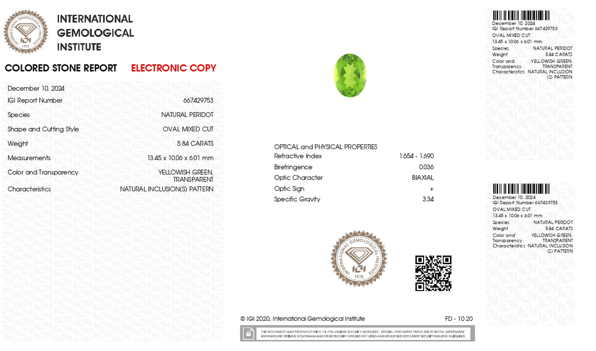 Natural Peridot 5.84 Carats / 6.42 Ratti