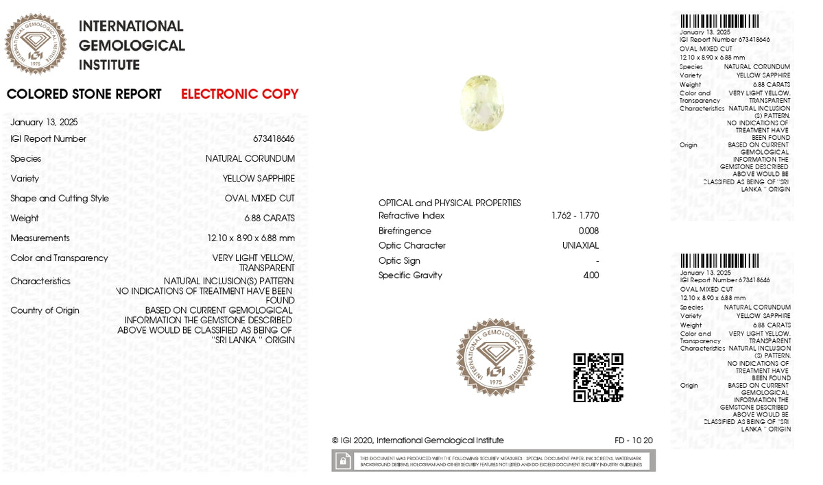 Natural Yellow Sapphire 6.88 Carats / 7.56 Ratti