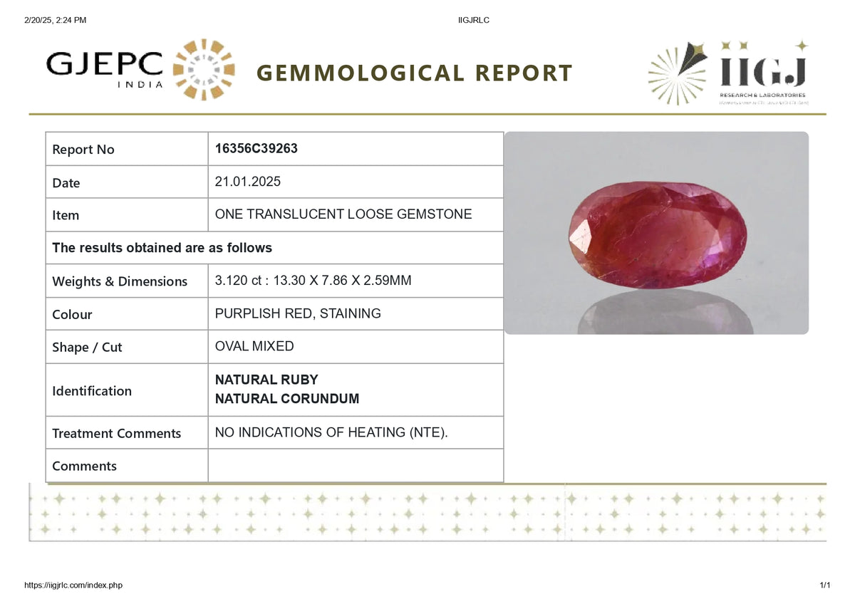 Burmese Ruby (Manik) 3.12 Carats / 3.43 Ratti