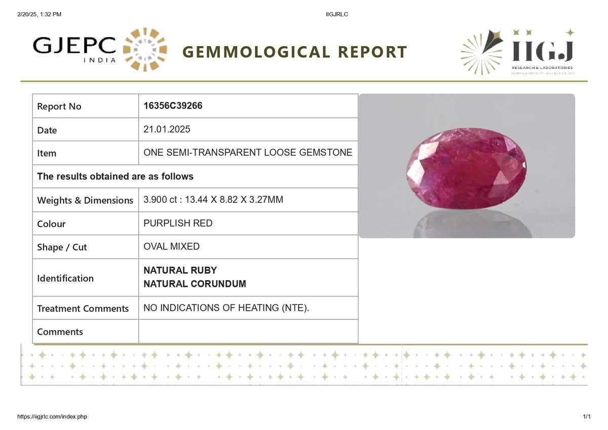 Burmese Ruby (Manik) 3.90 Carats / 4.29 Ratti