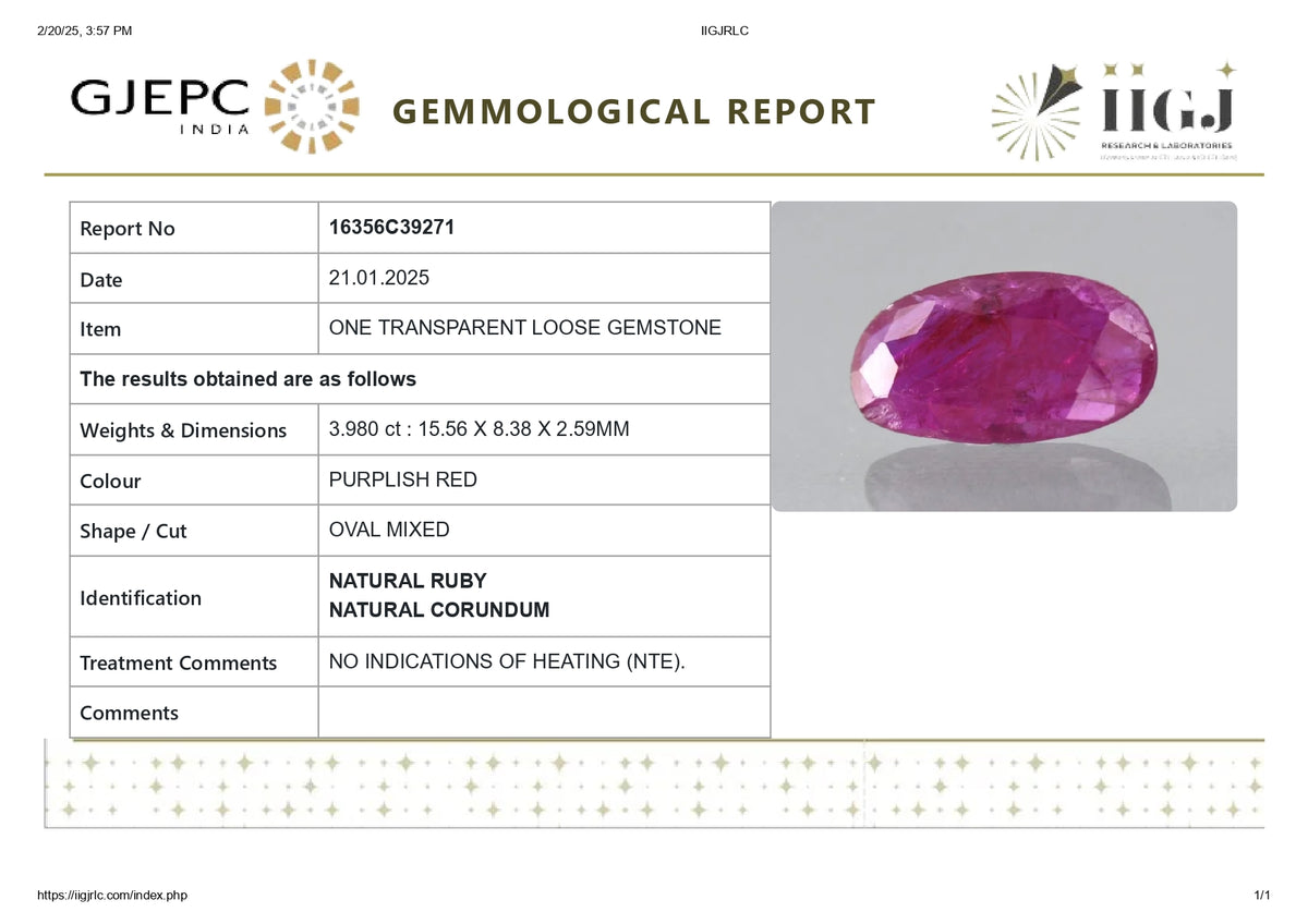 Burmese Ruby (Manik) 3.98 Carats / 4.37 Ratti