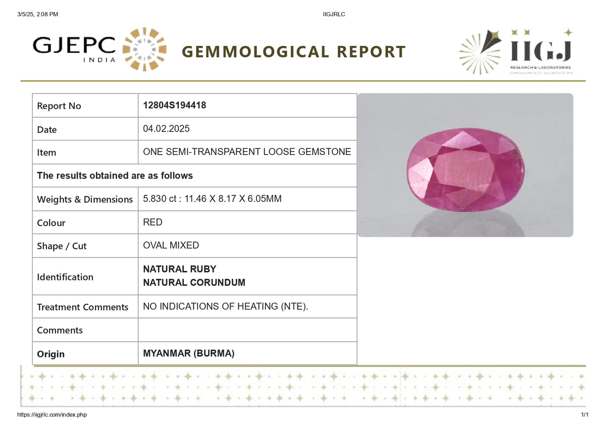 Burmese Ruby (Manik) 5.83 Carats / 6.41 Ratti