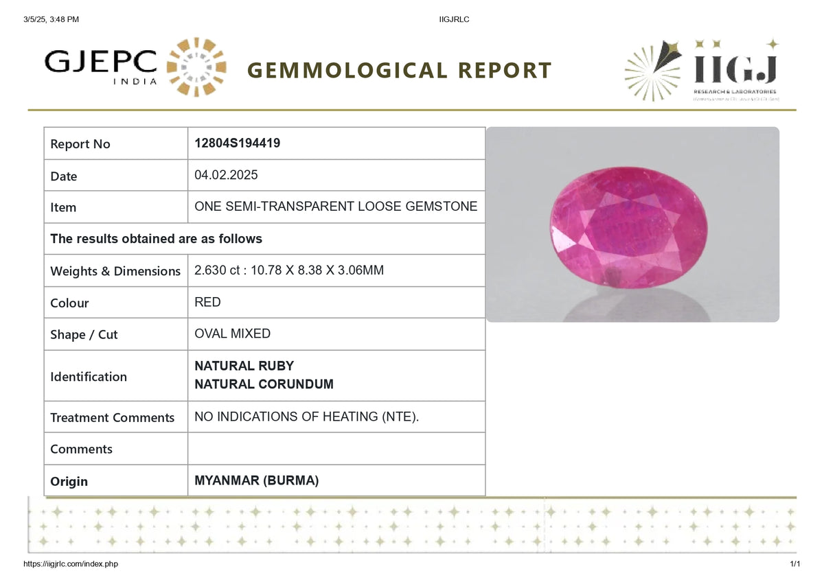 Burmese Ruby (Manik) 2.63 Carats / 2.89 Ratti