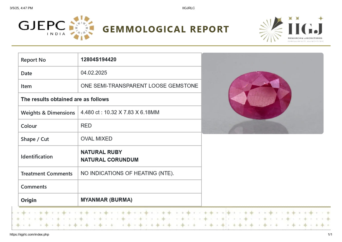 Burmese Ruby (Manik) 4.48 Carats / 4.92 Ratti