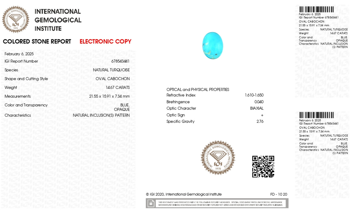 Irani Firoza (Turquoise) 14.67 Carats / 16.12 Ratti