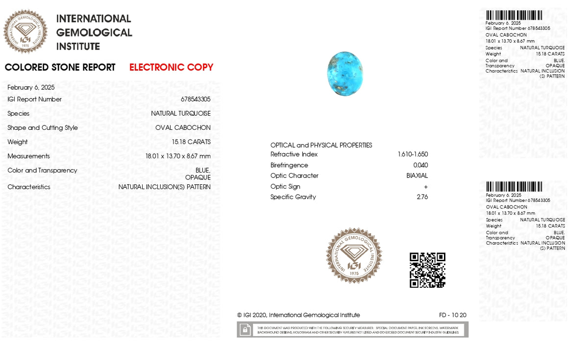 Irani Firoza (Turquoise) 15.18 Carats / 16.68 Ratti