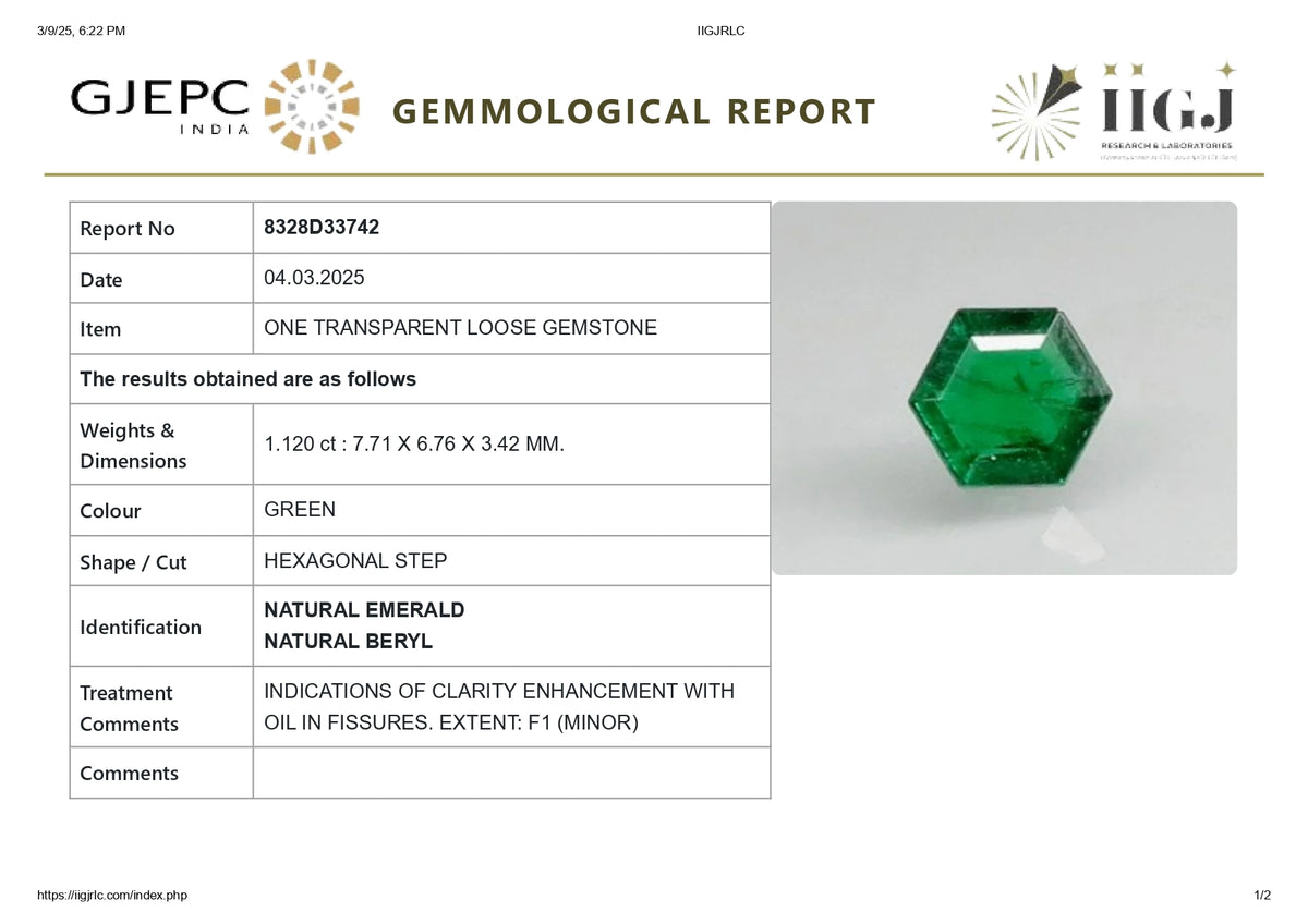 Zambian Emerald (Panna) 1.12 Carats / 1.23 Ratti