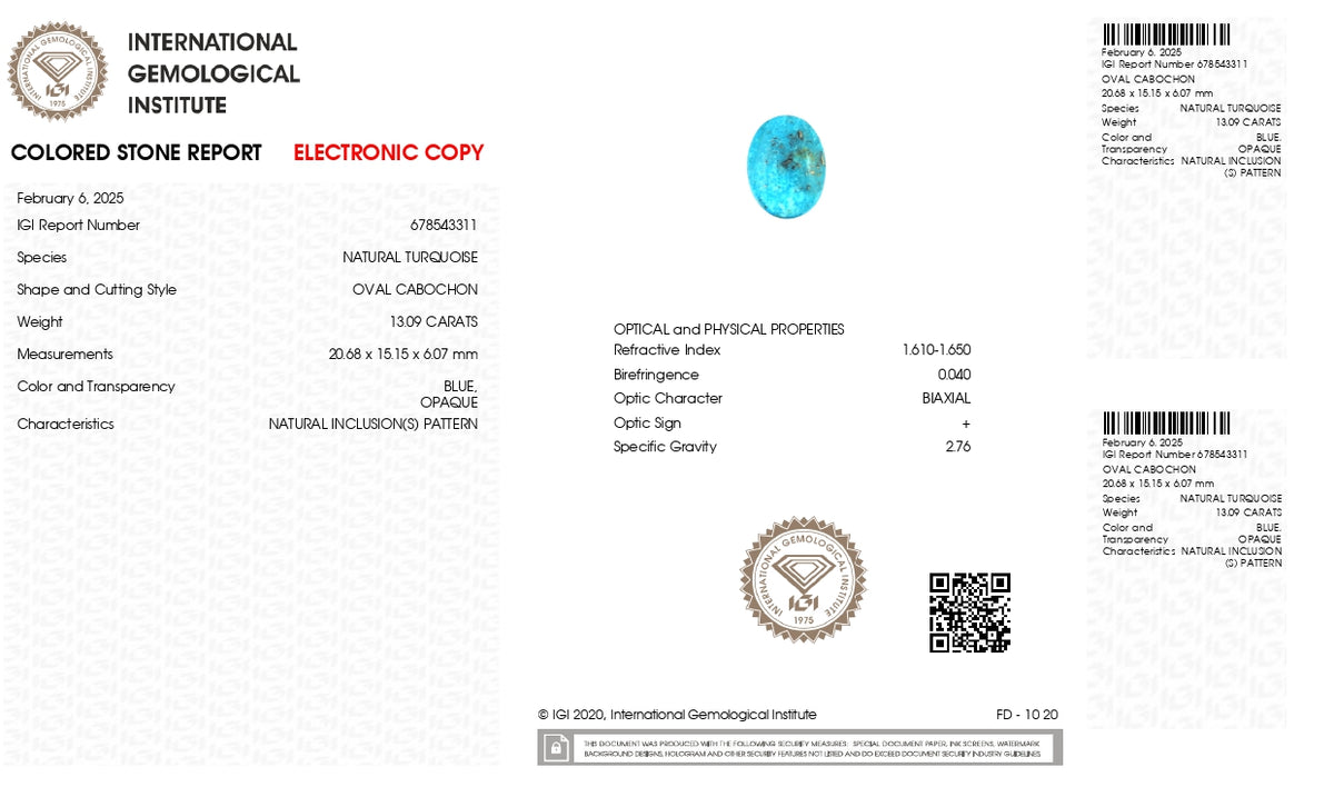 Irani Firoza (Turquoise) 13.09 Carats / 14.38 Ratti