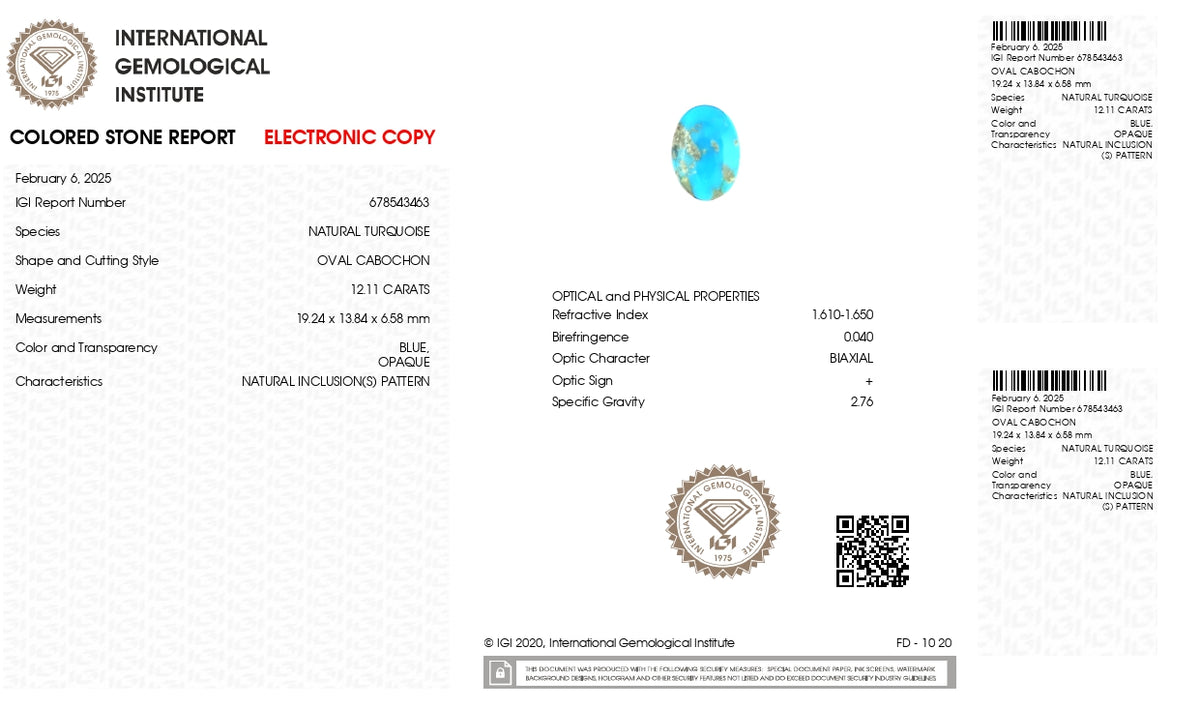 Irani Firoza (Turquoise) 12.11 Carats / 13.31 Ratti