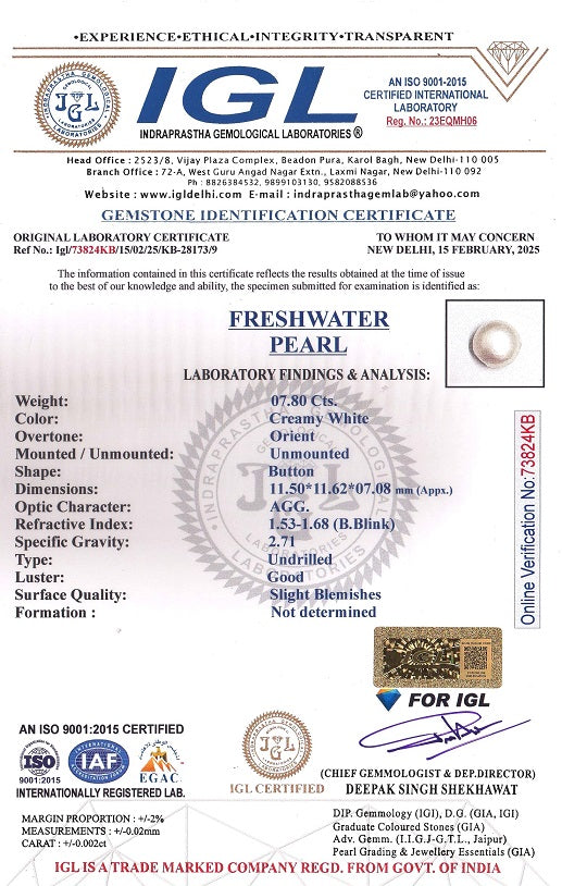 Fresh Water Pearl 7.80 Carats / 8.57 Ratti