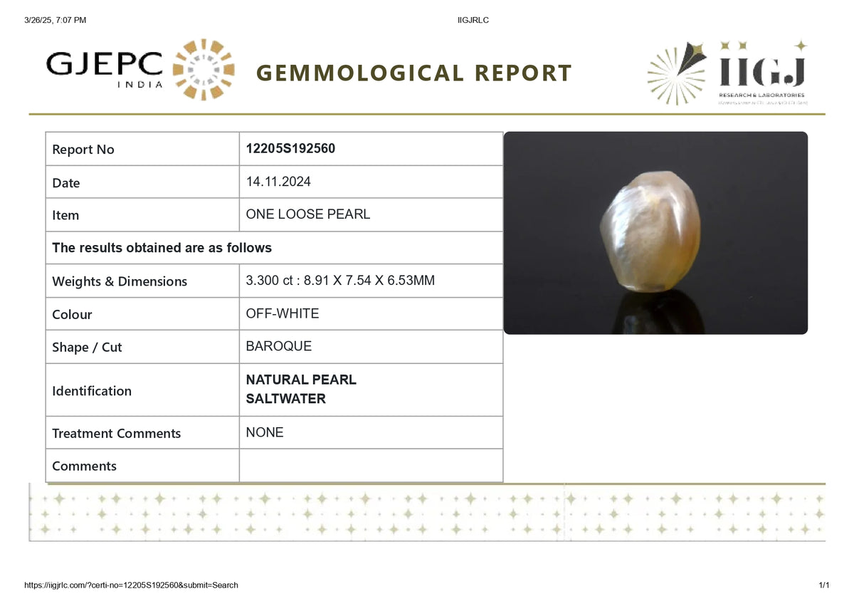 Basra Pearl 3.30 Carats / 3.63 Ratti