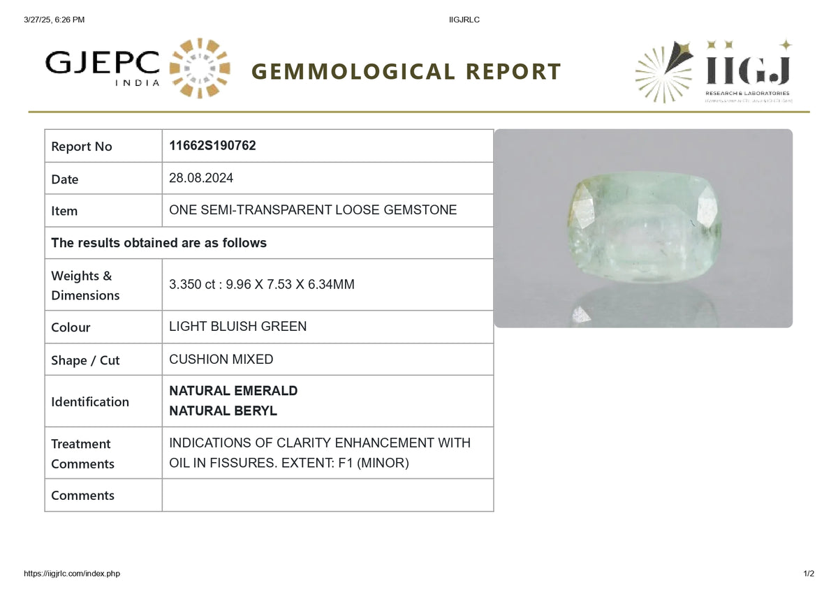 Columbian Emerald (Panna) 3.35 Carats / 3.68 Ratti