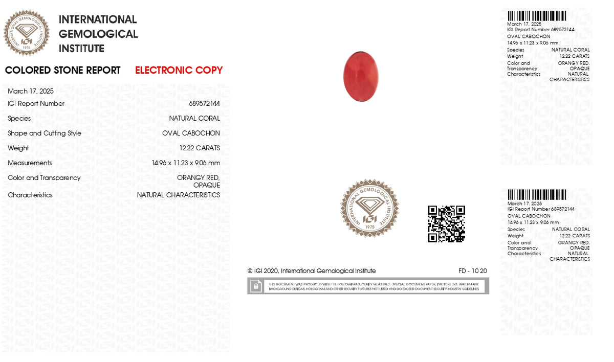 Italian Red Coral 12.22 Carats / 13.43 Ratti
