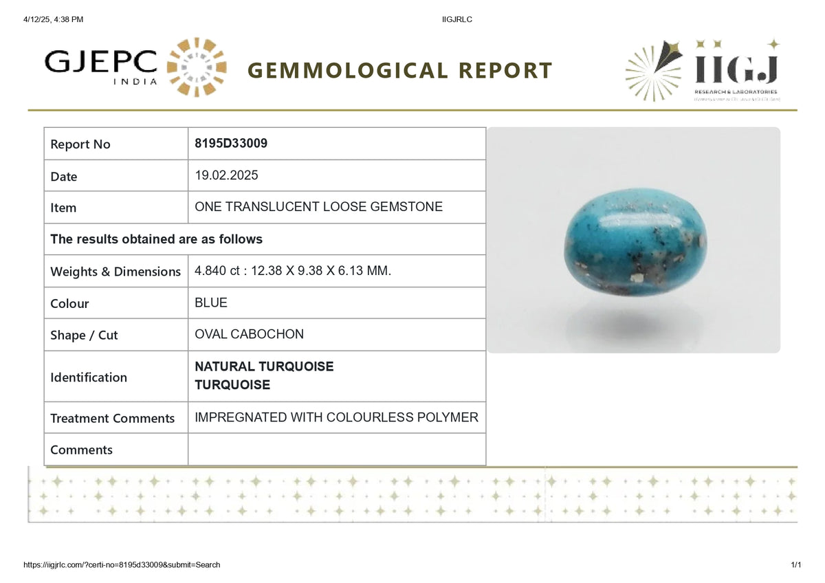 Irani Firoza (Turquoise) 4.84 Carats / 5.32 Ratti