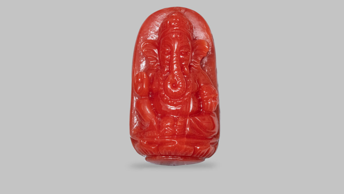 Ganesh Carving Red Coral 22.51 Carats / 24.74 Ratti