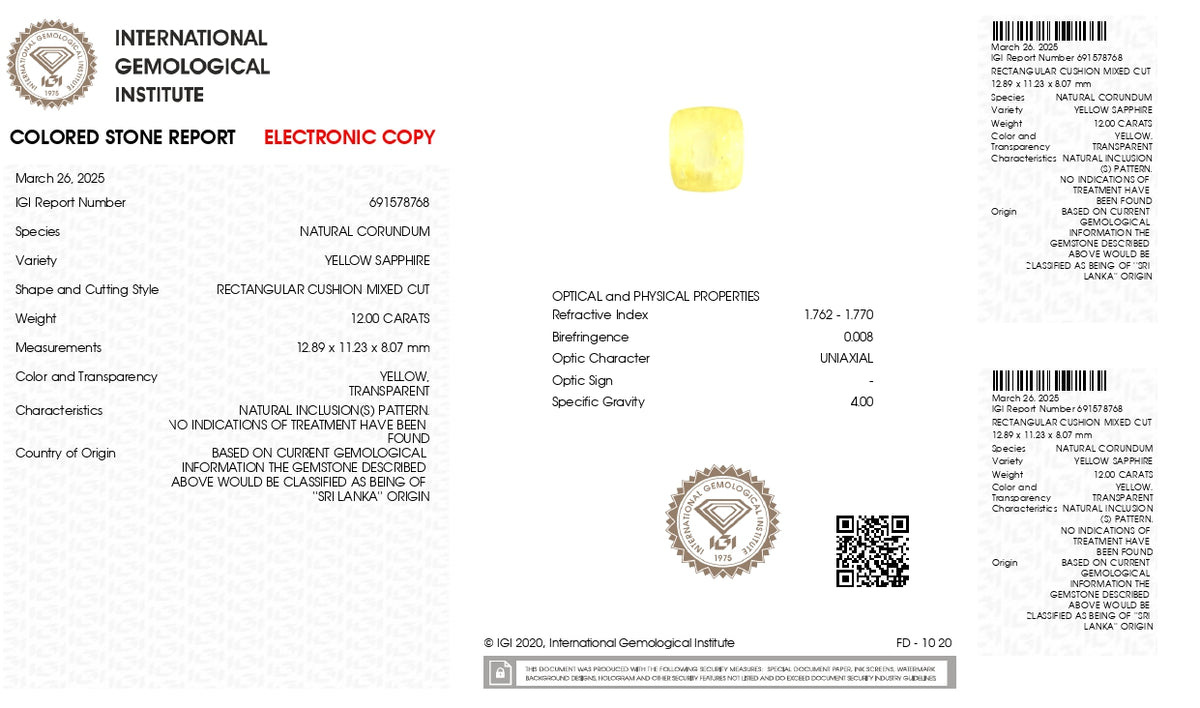 Natural Yellow Sapphire 12.00 Carats / 13.19 Ratti