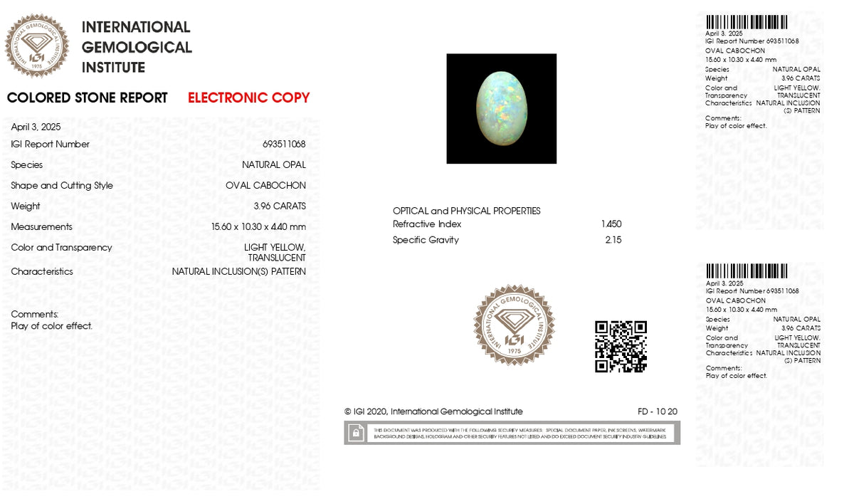White Opal With Fire 3.96 Carats / 4.35 Ratti