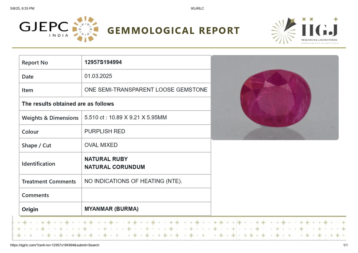 Burmese Ruby (Manik) 5.51 Carats / 6.05 Ratti