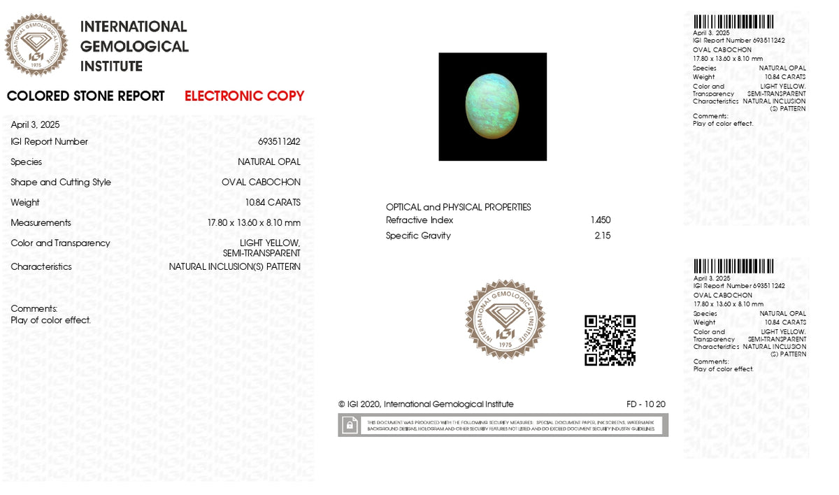 White Opal With Fire 10.84 Carats / 11.91 Ratti