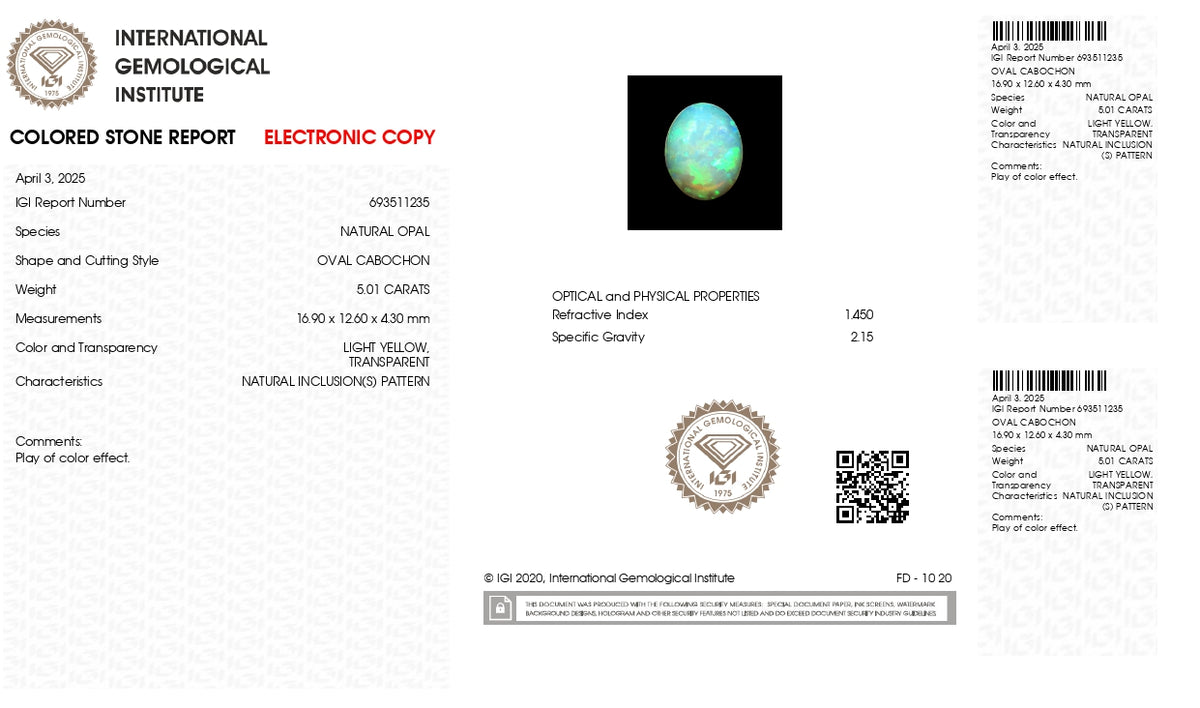 White Opal With Fire 5.01 Carats / 5.51 Ratti