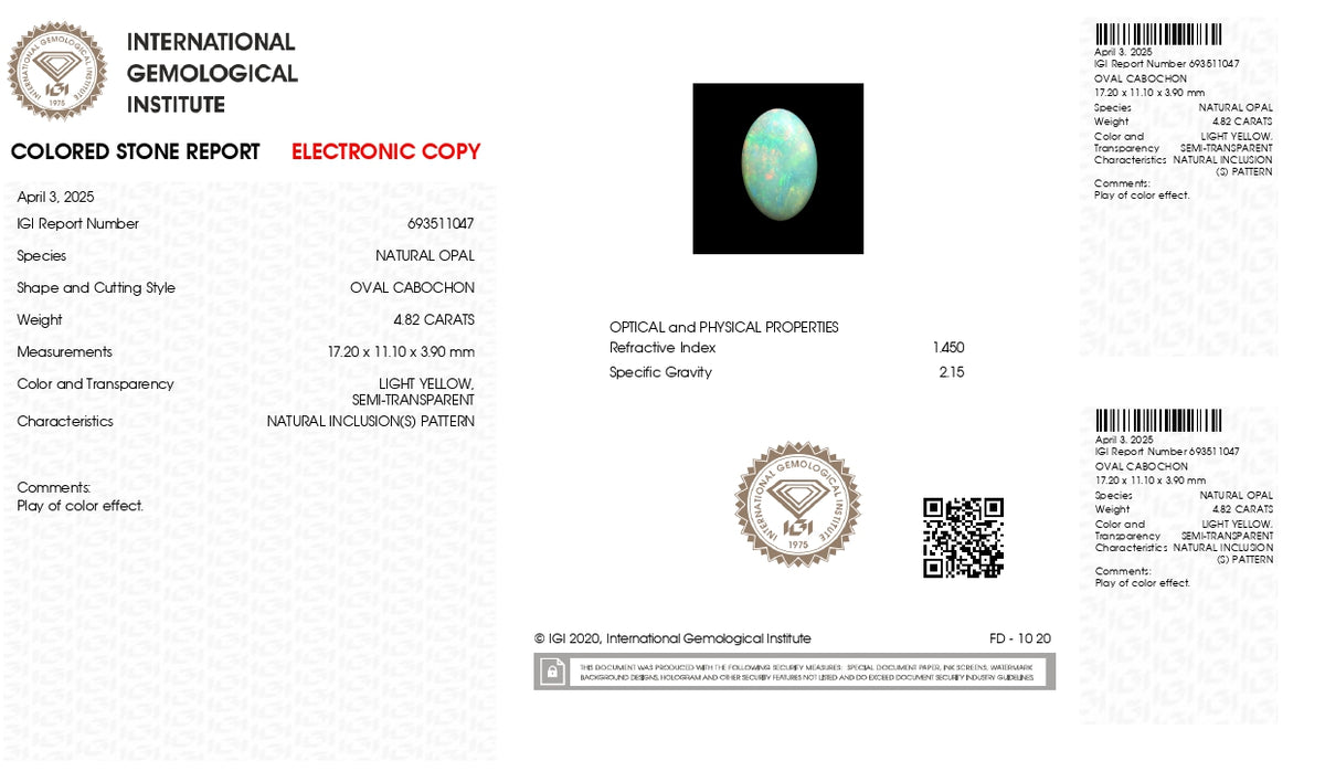 White Opal With Fire 4.82 Carats / 5.3 Ratti
