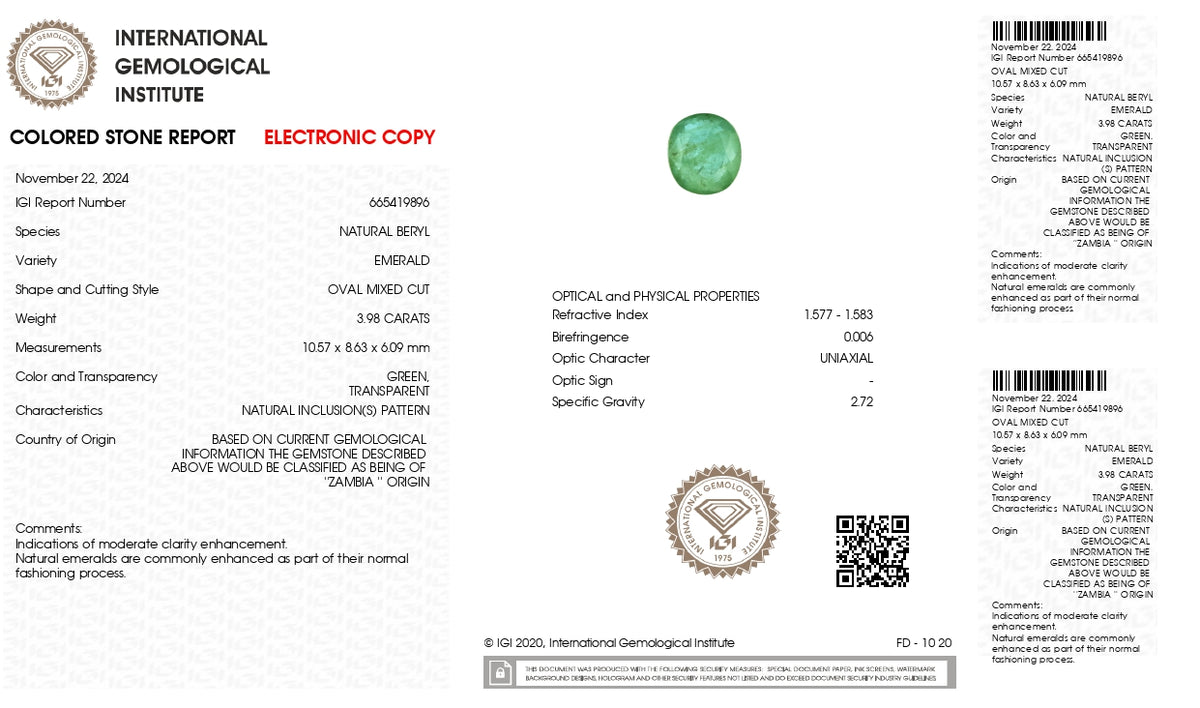 Zambian Emerald (Panna) 3.98 Carats / 4.37 Ratti