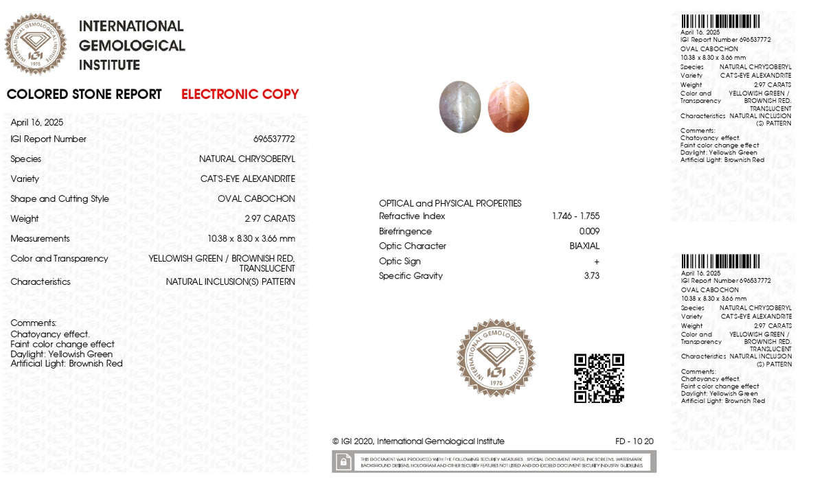 Cat's Eye (Lehsuniya) 2.97 Carats / 3.26 Ratti